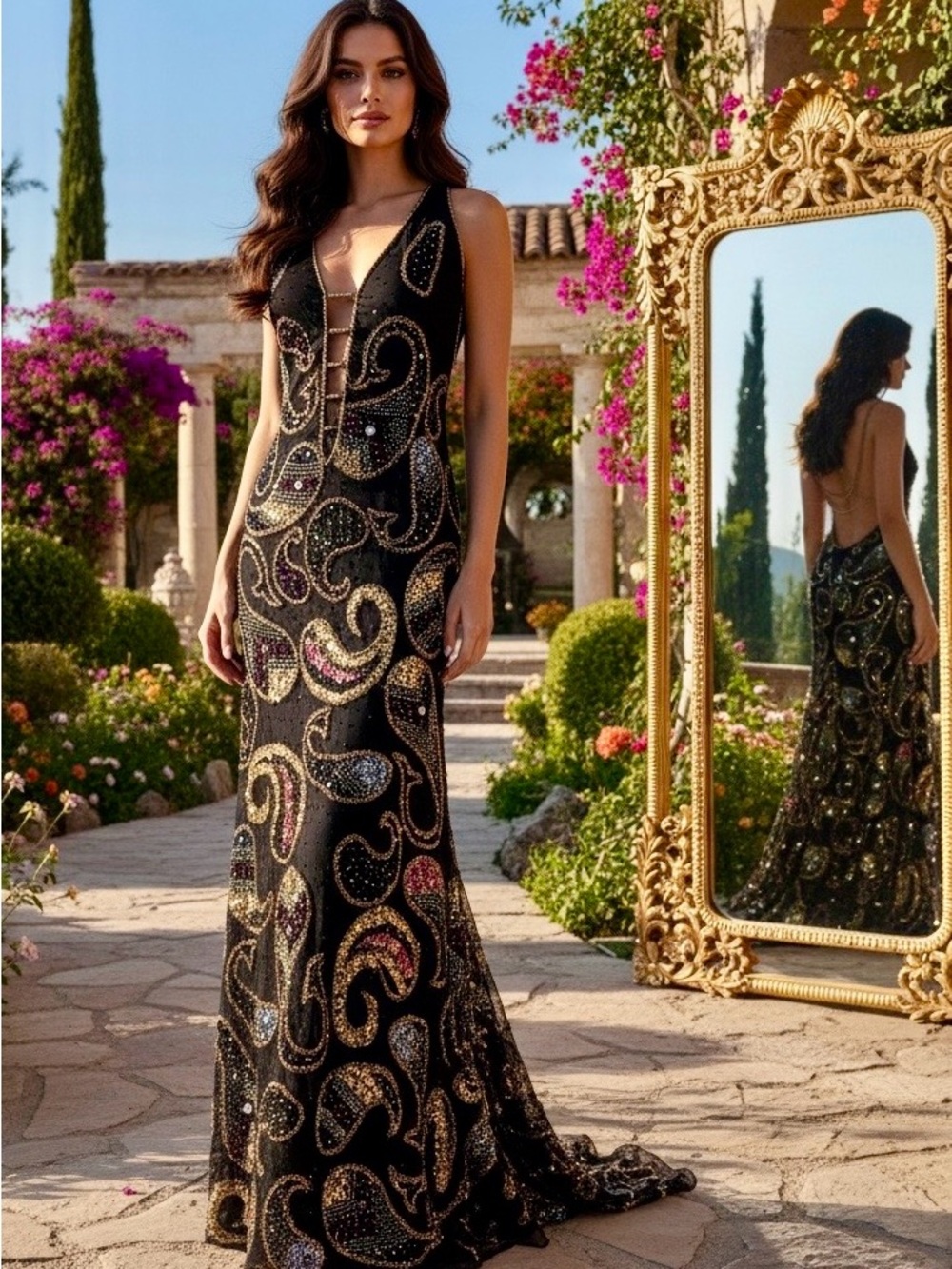 Black hand Beaded Paisley Evening Gown stretch fabric ‎ Attitudes by Debra